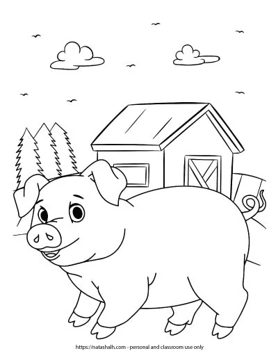A preview of a farm coloring page with a pig standing near a barn