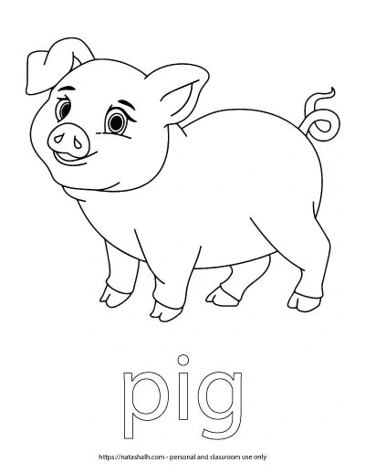 A child's coloring page with an image of a pig and the word "pig" in bubble letters to color