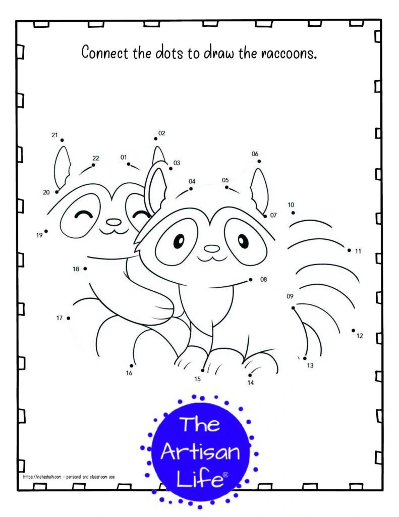 A child's dot to dot coloring page for Valentine's Day with a doodle frame and two cute raccoons hugging