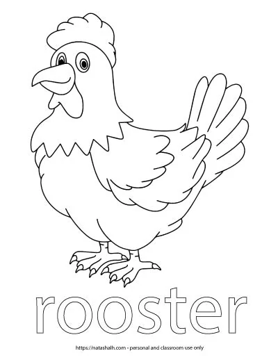A child's coloring page with an image of a rooster and the word "rooster" in bubble letters to color