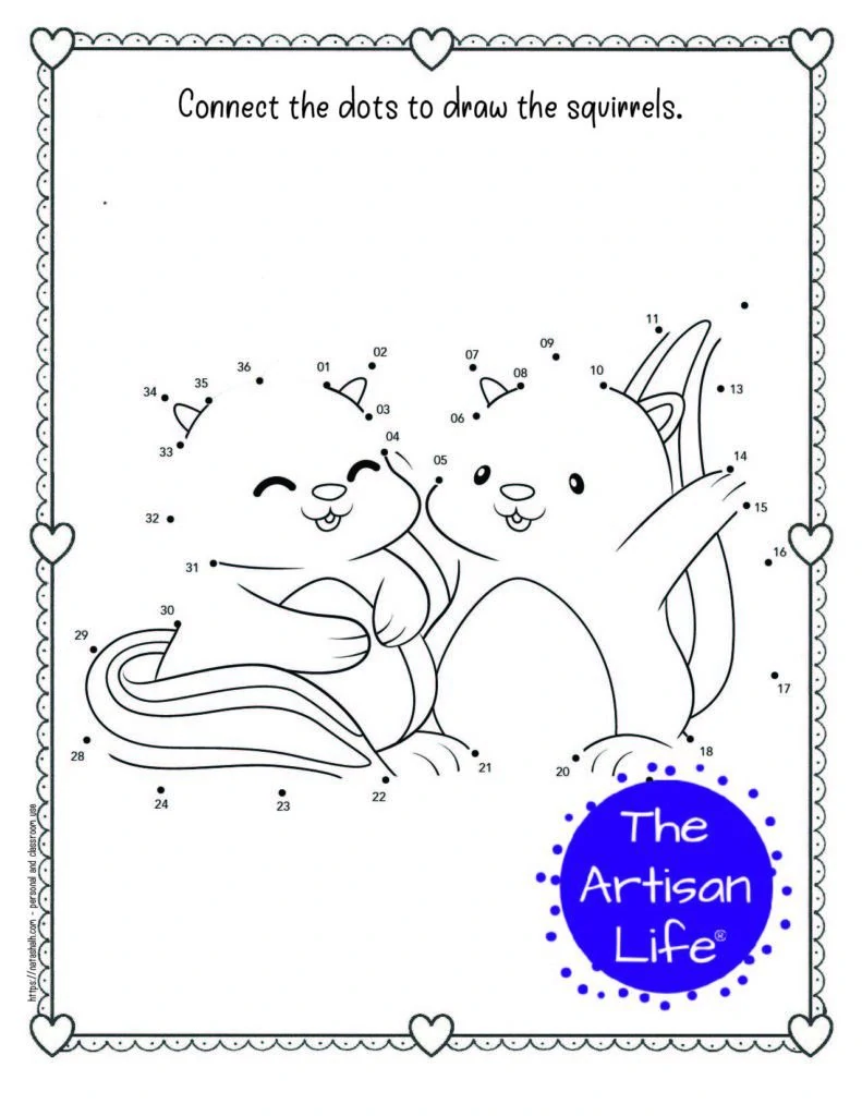 A child's dot to dot coloring page for Valentine's Day with a doodle frame and two cute squirrels