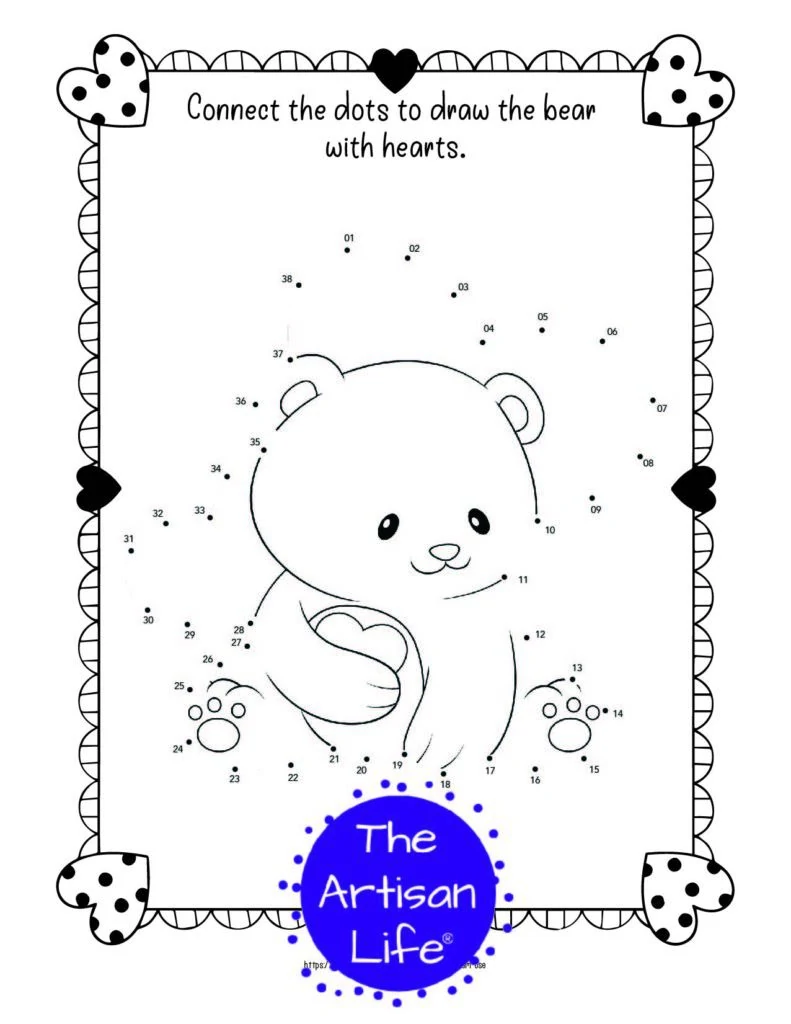 A child's dot to dot coloring page for Valentine's Day with a doodle frame and a cute bear with hearts