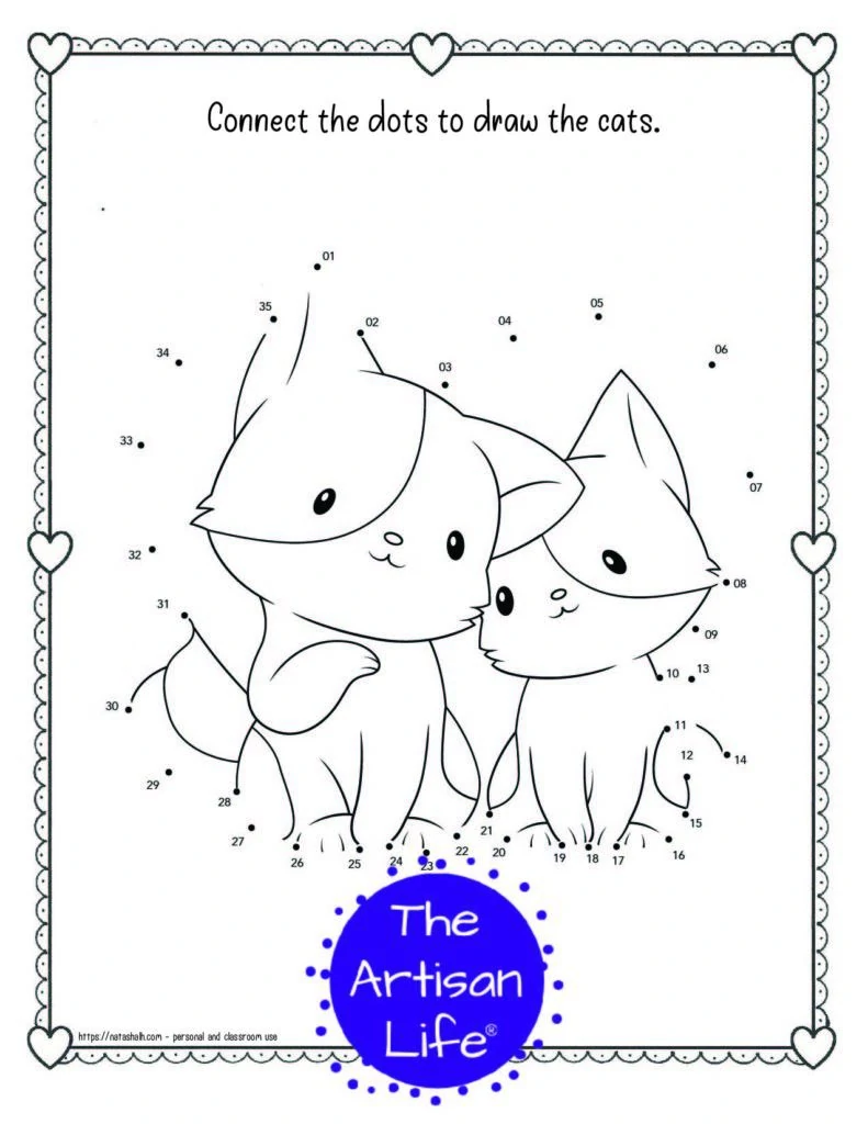 A child's dot to dot coloring page for Valentine's Day with a doodle frame and two cute cats