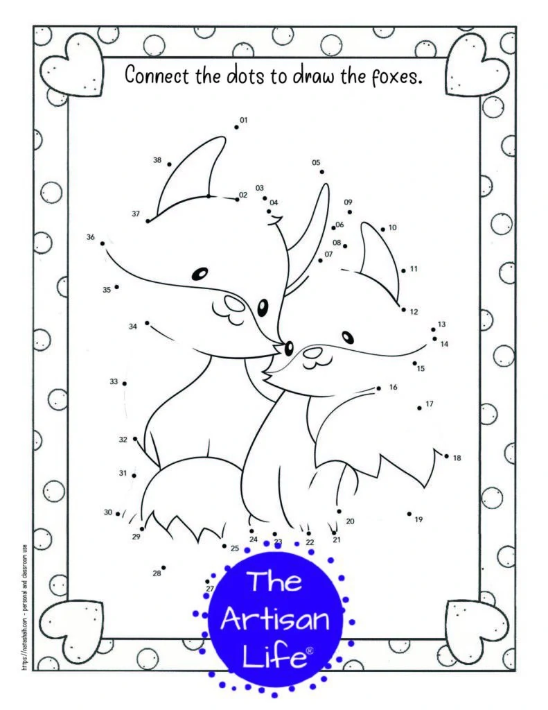 A child's dot to dot coloring page for Valentine's Day with a doodle frame and two foxes cuddling 