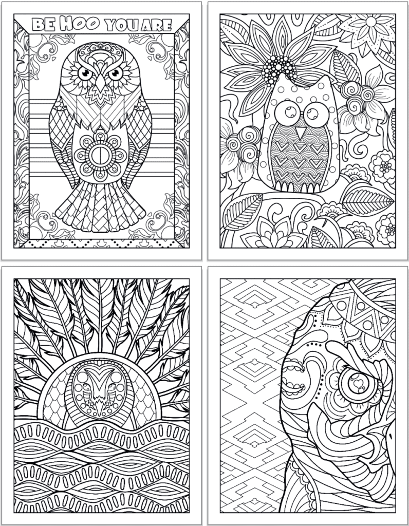 A 2x2 grid of adult owl coloring pages featuring: An owl and the quote "be hoo you are," a cartoon-y owl on a branch in front of flowers, an owl rising above waves, and a close up of half an owl's face.