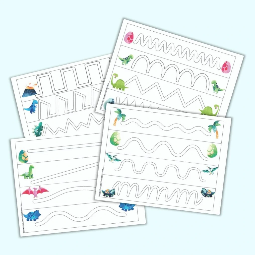 a preview of four printable dinosaur themed trace in the path fine motor practice pages for preschoolers. Each page has four paths to trace and dinosaur clipart.