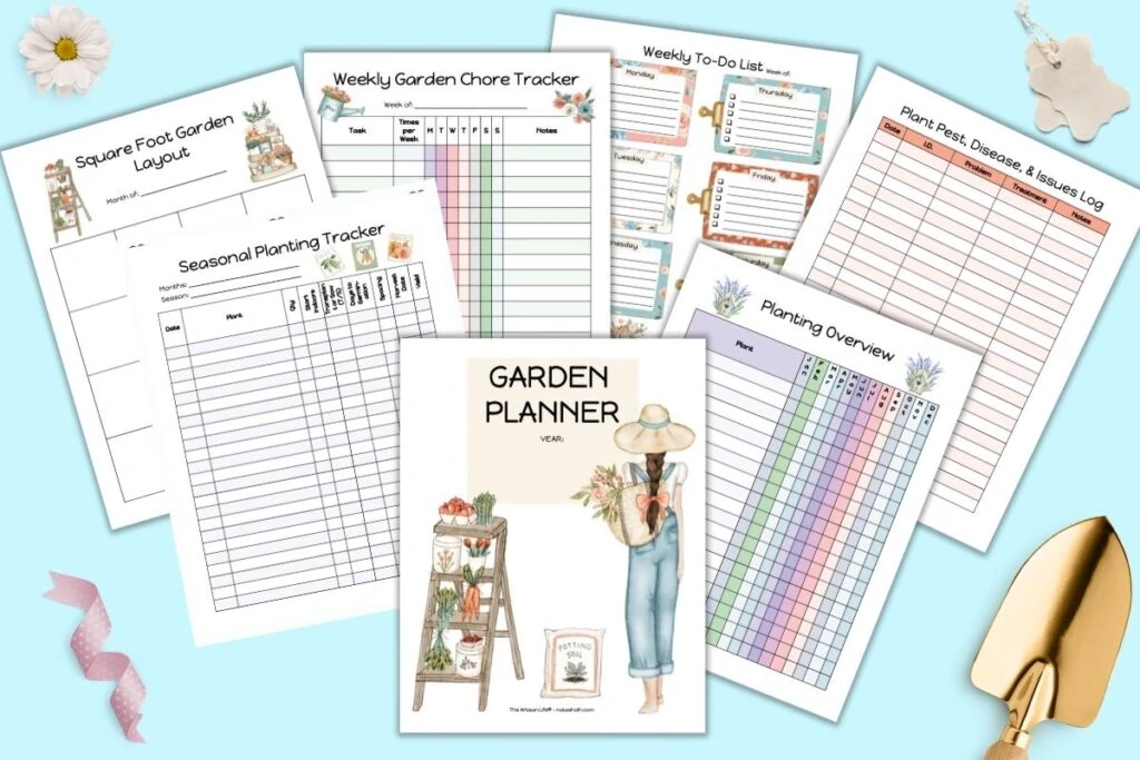 A preview of pages from a cute, colorful garden planner