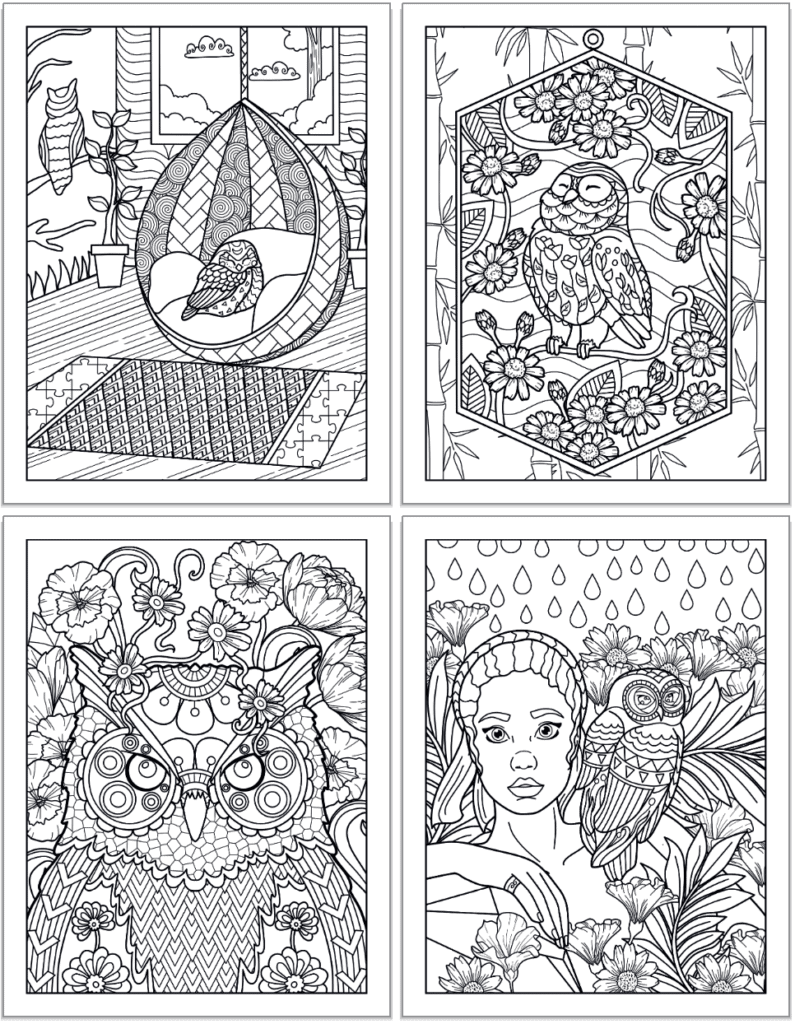 A 2z2 grid preview of four printable owl coloring pages for adults. The pages show: An owl asleep in a hanging egg chair, an owl with flowers, a close up of an owls' face with flowers in the background, and an owl on a woman's shoulder.