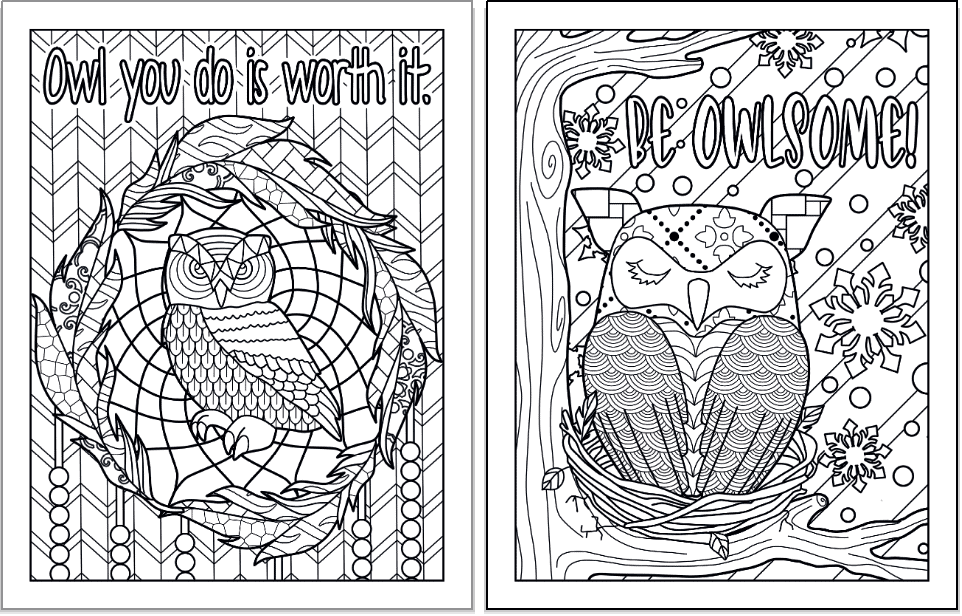 Two owl coloring pages. On the left is a an owl in a wreath of feathers with the words "Owl you do is worth it" above. On the right is an owl sleeping on a branch with snow in the background and the words "Be owelsome!" in bubble letters to color.
