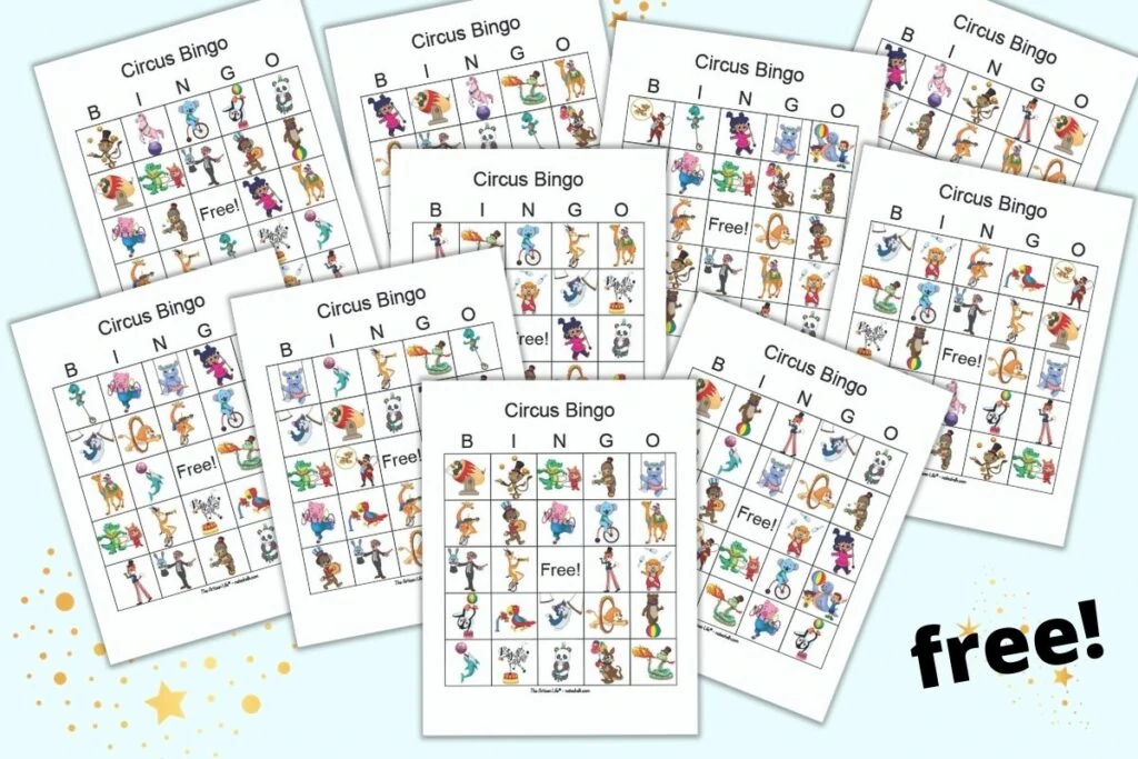 A preview of 10 free printable circus bingo cards with the text "free!" in the lower right corner of the overall image. Each bingo card has 24 illustrated animal and circus themed images.
