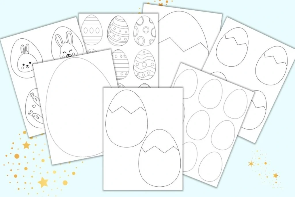 seven free printable Easter egg templates and coloring pages for children. Pages include blank easter eggs, cracked easter eggs, and eggs with simple designs like zig zags and dots
