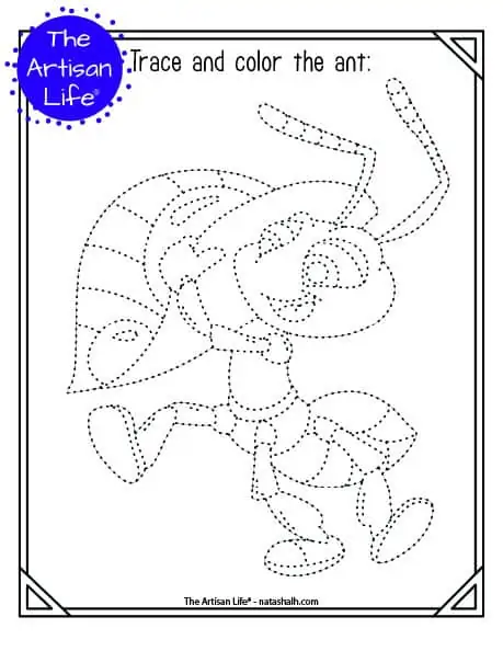 A printable trace and color page with a cute ant to trace and color. The ant has dotted lines instead of solid lines for a child to trace. 