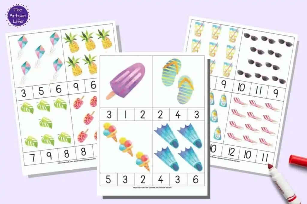 A preview of three pages of printable summer theme count and clip cards. Each page has four cards with summer clipart and numbers 1-12