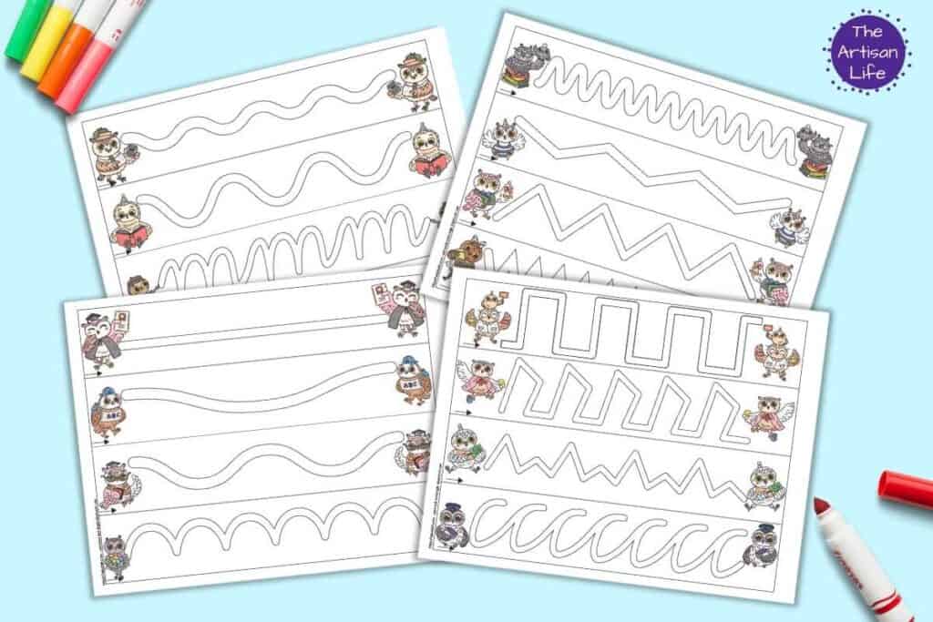 A preview of four pages of prewriting practice tracing paths for preschoolers. Each page has four paths. A school themed owl is to the left and right of each tracing path.