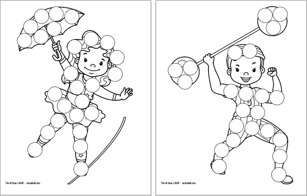 A preview of two circus themed dot marker coloring pages. Each page has a large black and white image covered with blank circles to dot in with a dauber marker. Images include: a tightrope walker and a "strongman" boy with an old fashioned barbell