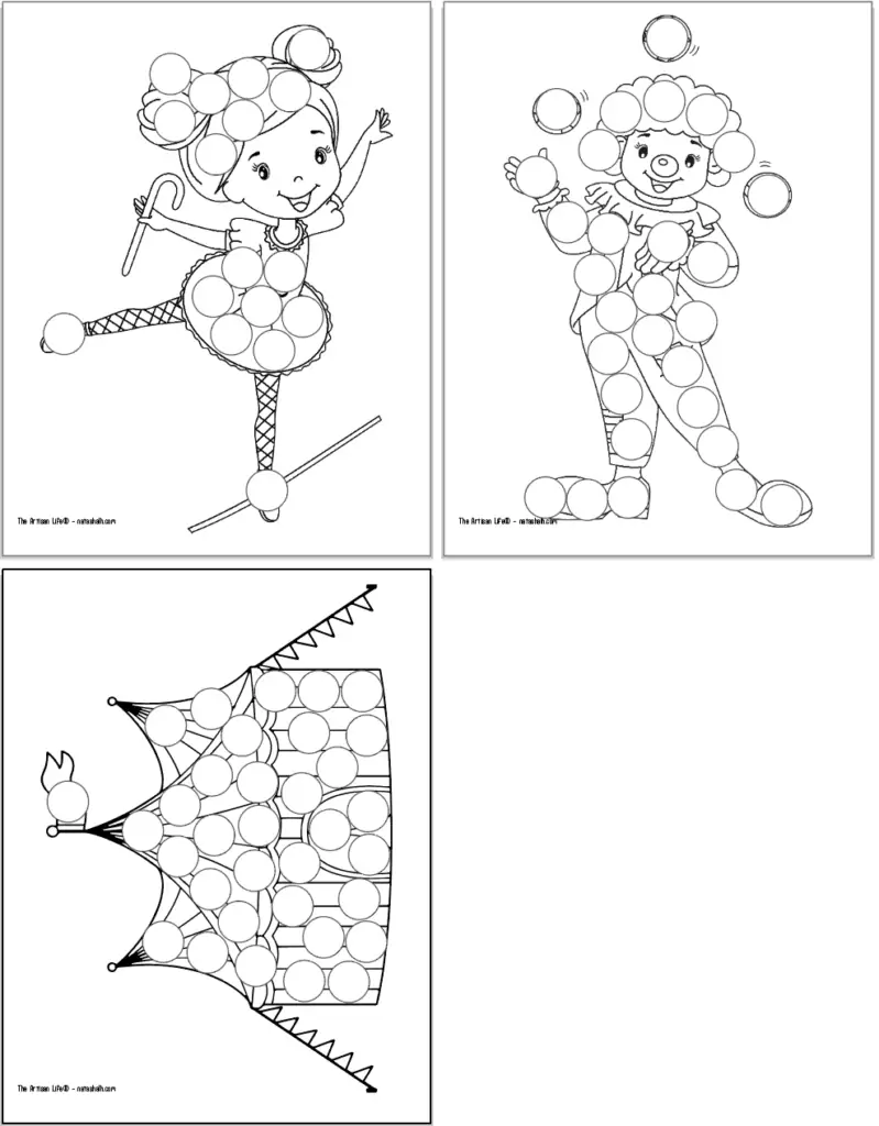 A preview of three circus themed dot marker coloring pages. Each page has a large black and white image covered with blank circles to dot in with a dauber marker. Images include: a tightrope walking girl, a clown, and a circus tent