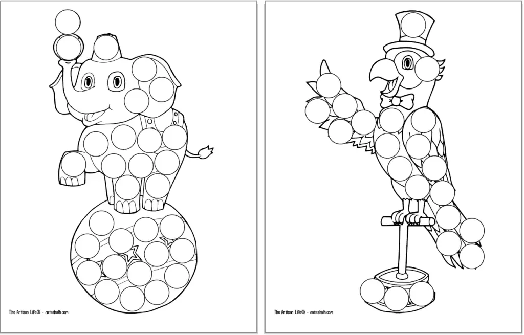 A preview of two circus themed dot marker coloring pages. Each page has a large black and white image covered with blank circles to dot in with a dauber marker. Images include: an elephant on a ball and a parrot on a perch