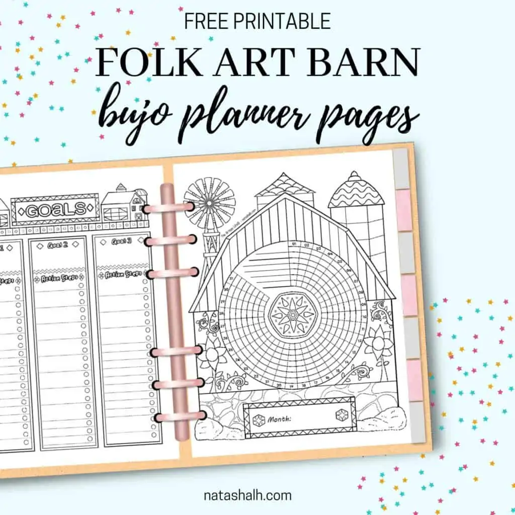 Text "free printable folk art barn boho planner pages" above a mockup of an open planner with a barn themed habit tracker and goals tracker page