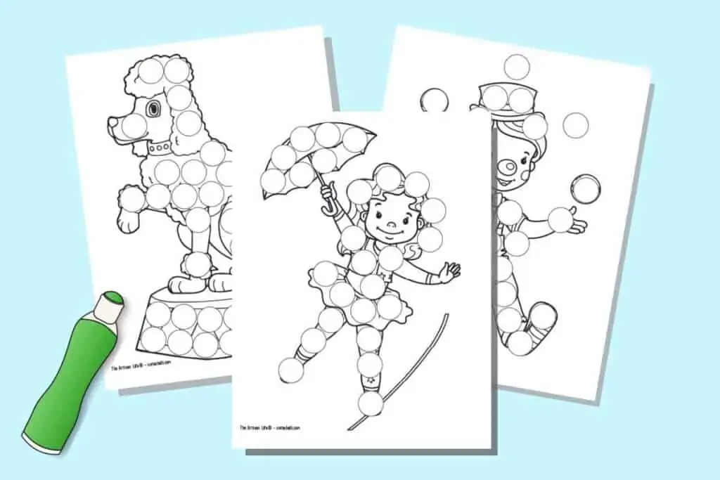 a preview of three circus themed dab it dot marker printables with a green illustrated dauber marker