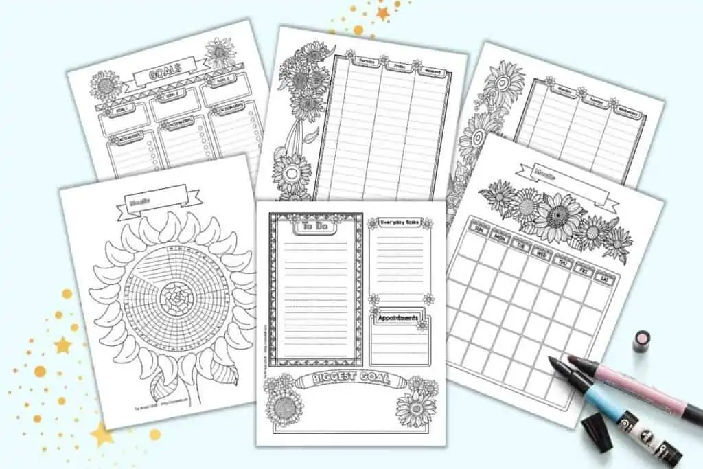 A preview of six printable bullet journal style planner pages. The pages are black and white with a sunflower theme. Pages include a daily log, two page weekly log, habit tracker, goal tracker, and undated monthly calendar page.