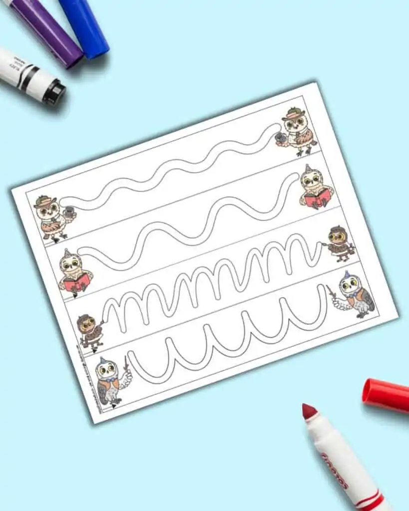 A preview of a page with four tracing paths for preschoolers. A school themed owl is to the left and right of each tracing path.
