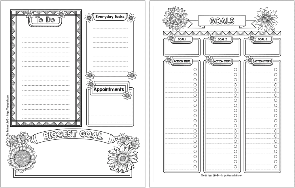 A preview of a printable planner page to do list/daily log and a goals tracker page. Both pages have a sunflower theme with black and white sunflowers to color.