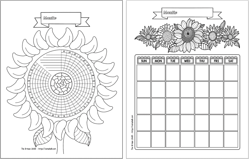 A sunflower habit tracker and an undated monthly planner page with a sunflower theme