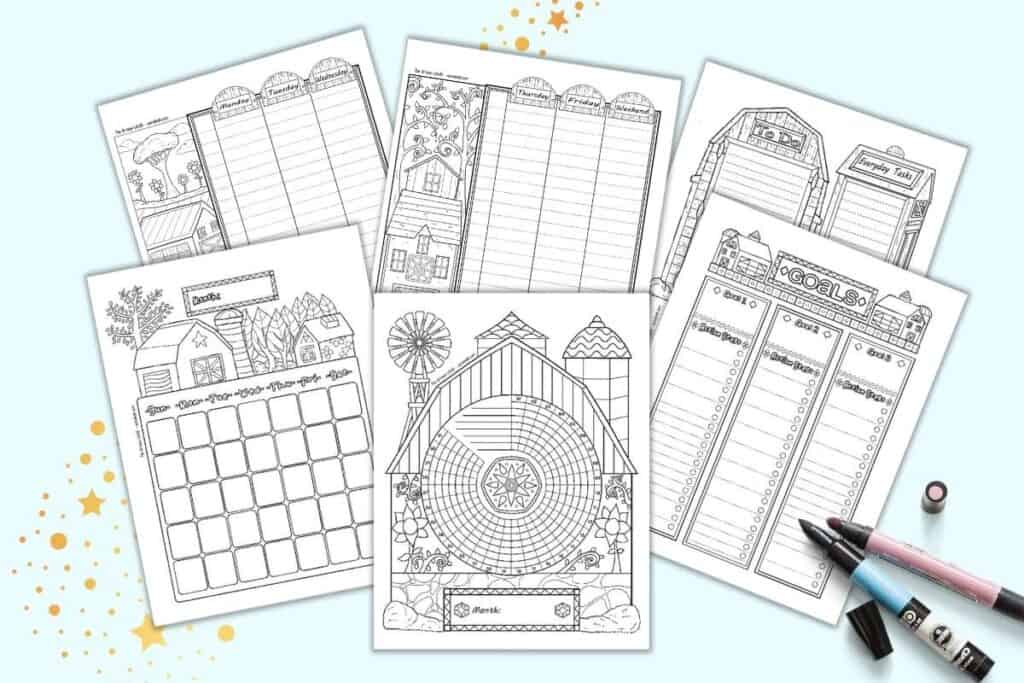 a preview of six folk art barn themed planner pages in a bujo style. The pages are black and white. They feature illustrations of barns in a folk art style. Pages include: daily log, two page weekly spread, goals tracker, habit tracker, and monthly calendar page.
