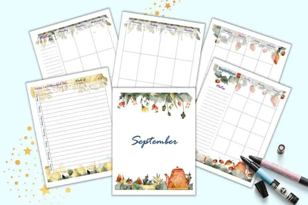 A preview of six pages of September planner printables with watercolor tea themed clipart. Pages include: a cover page, daily gratitude journal page, monthly two page spread, and weekly to page spread.