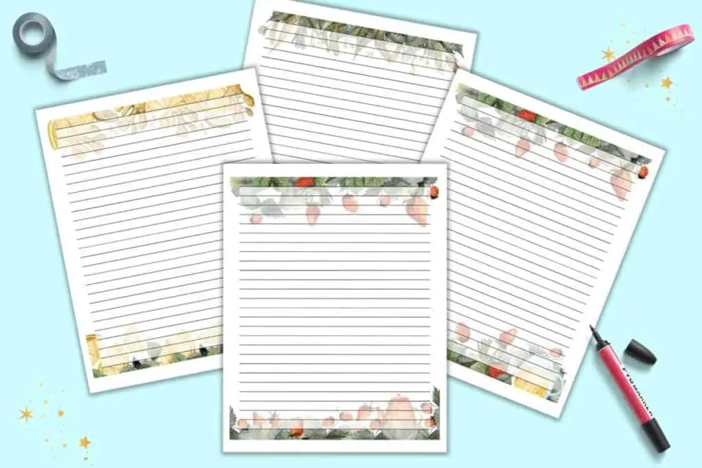 four lined tea themed journal pages with watercolor clipart