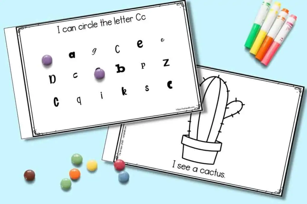 Two pages for a printable letter c book. One page shows "I can circle the letter Cc" with letters is assorted fonts. The other page has a clip art picture of a cactus with the text "I see a cactus"