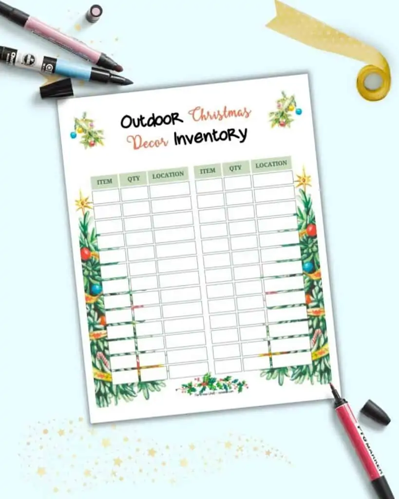 A preview of an outdoor Christmas decor inventory page. It has a chart for tracking the quantity and location of Christmas decor items with watercolor Christmas tree clipart in the background.