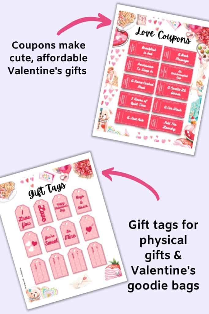 A preview of a love coupons printable page and a page of Valentine's Day gift tags