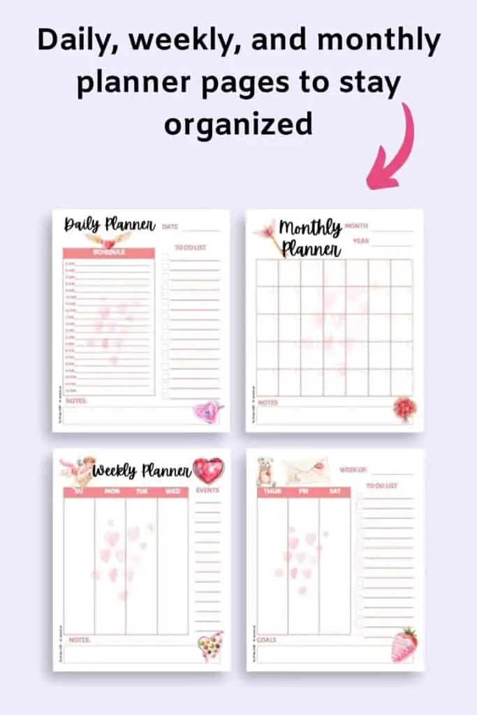 A preview of daily, weekly, and monthly planner pages with a valentine's Day theme