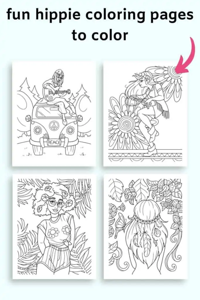 text "fun hippie coloring pages to color" with a preview of four hippie themed adult coloring pages
