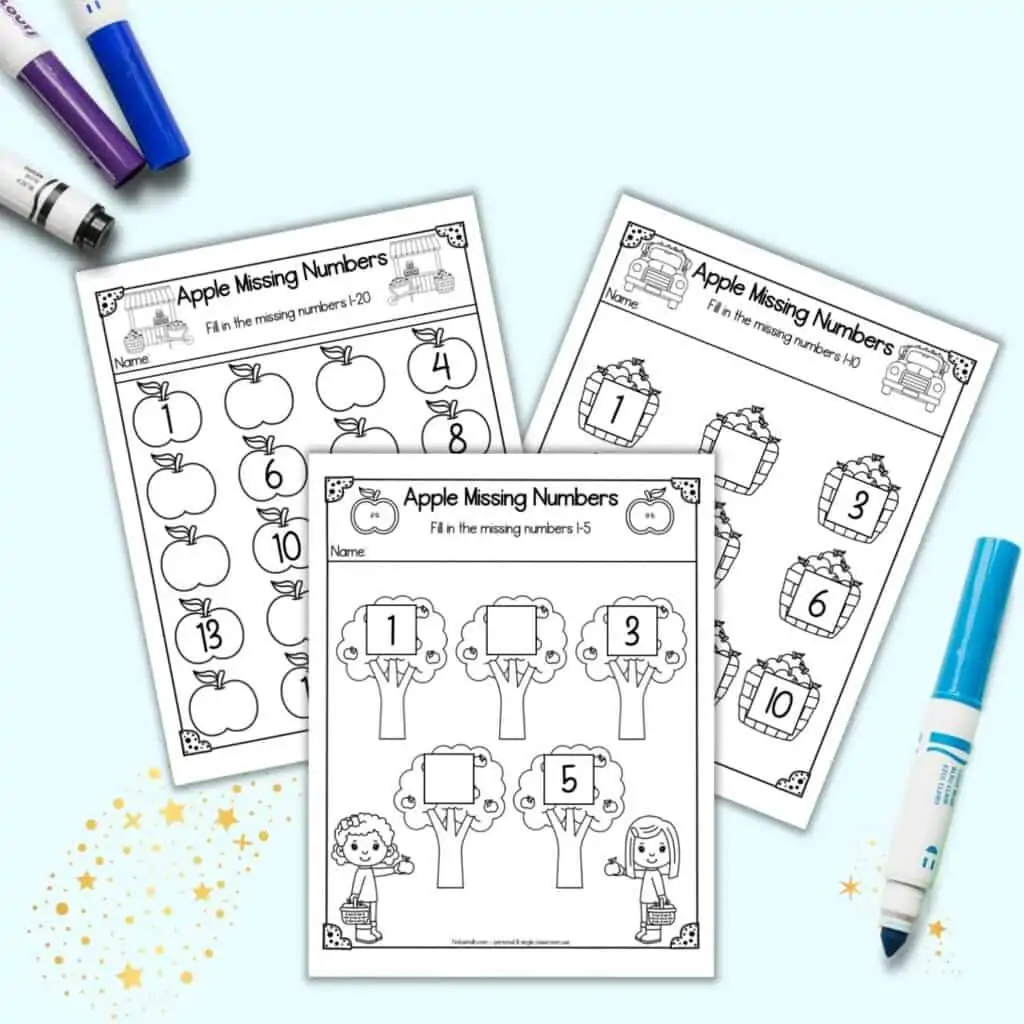 A preview of three pages of apple themed fill-in the missing number worksheets for preschool and kindergarten. They are shown with colorful children's markers