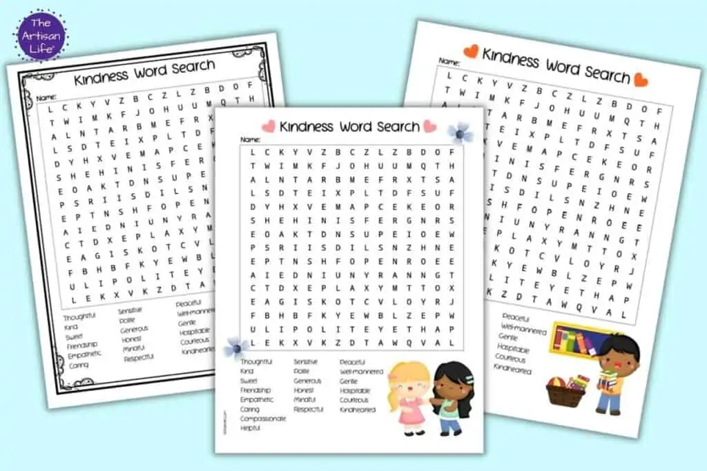 A preview of three Kindness themed word search printables. 