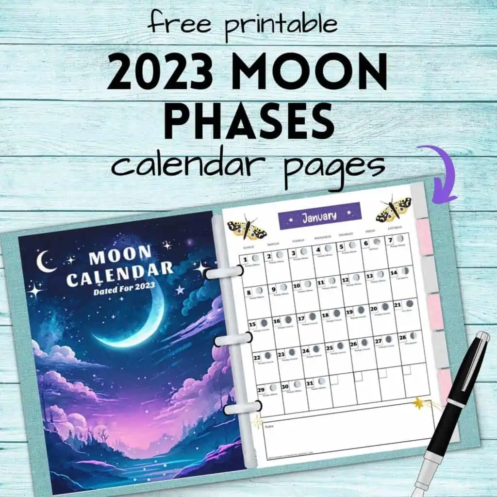 text "free printable 2023 moon phases calendar pages" with a mockup of an open planner