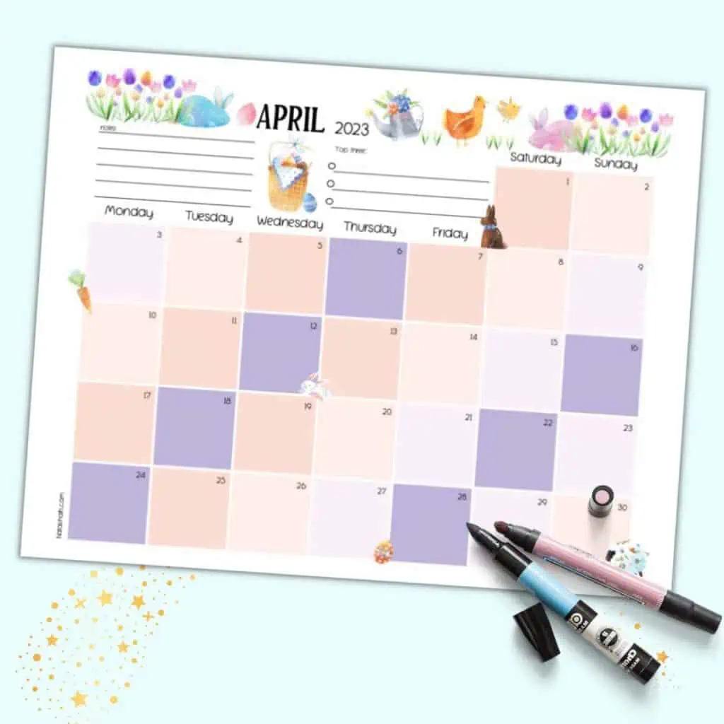 A colorful dated April 2023 calendar printable with spring clip art