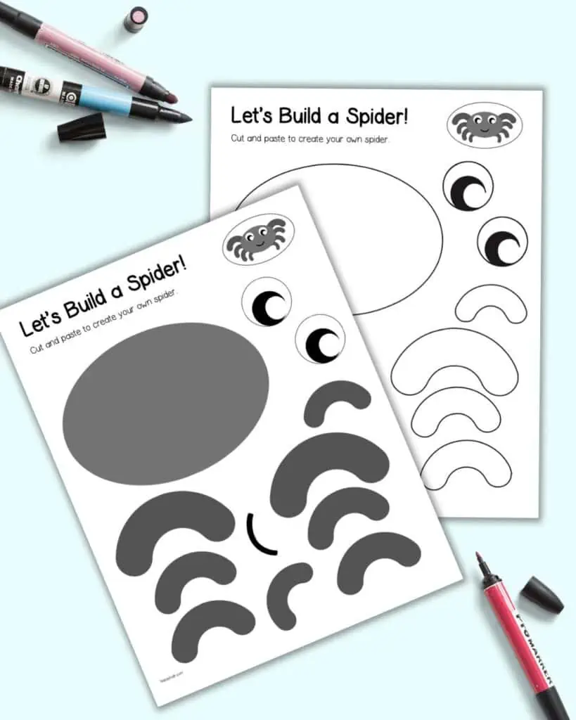 A preview of two pages of printable spider craft template. One is colored and the other is in black and white. Both make the same cut and paste spider craft.