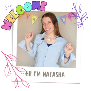 Text "welcome! Hi, I'm Natasha" with an instant style photo frame and an image of a woman in a blue button down shirt