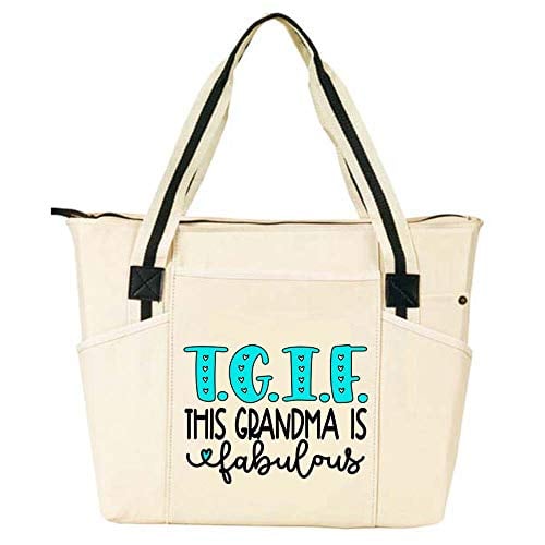 Large Zippered Tote Bags with Pockets for Grandma Gifts - TGIF Natural