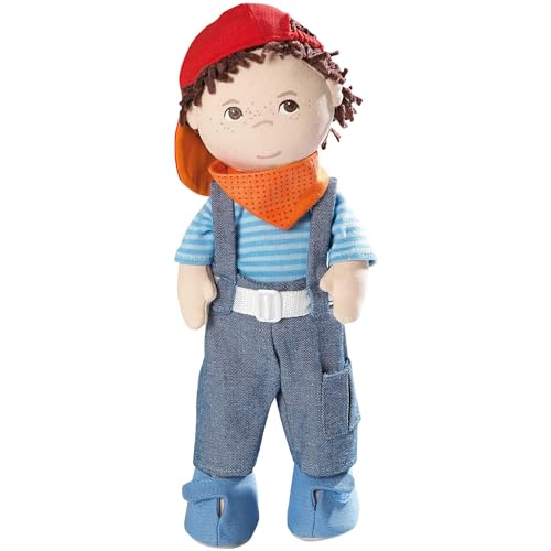 HABA Graham 12" Soft Boy Doll with Brown Hair, Brown Eyes Overalls and...