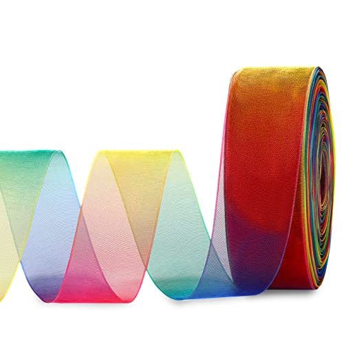 MOLSHINE 50yd x 1 inch Rainbow Organza Ribbon,Shimmer Sheer Iridescent...