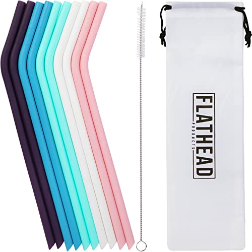 Flathead Reusable Silicone Drinking Straws with Travel Case Cleaning Brush...