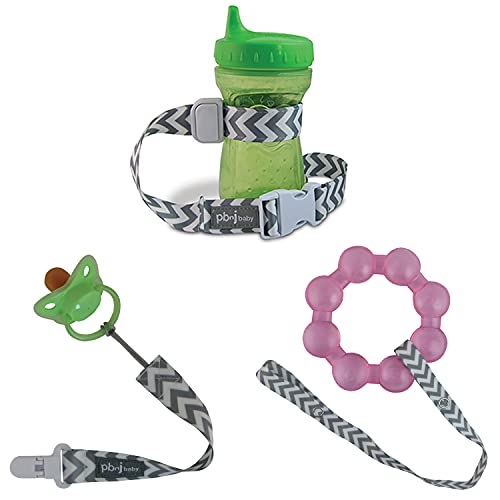 Stop The Dropsy 3-in-1 Pack for Sippy Cup, Pacifier, Toys (Gray Chevron)
