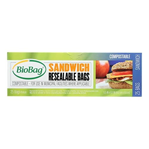 BioBag 100% Certified Compostable Resealable Sandwich Bags, 25 Count,...