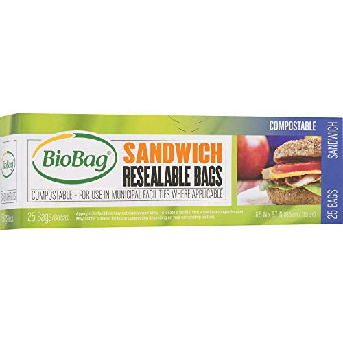 BioBag 100% Certified Compostable Resealable Sandwich Bags, 25 Count,...