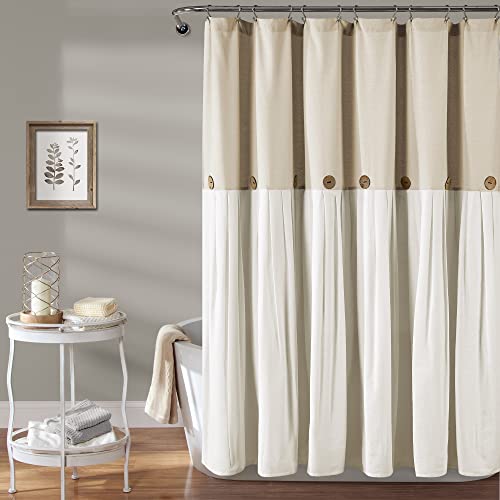 Lush Decor Linen Button Farmhouse Shower Curtain Pleated Two Tone Design...