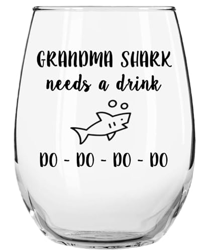 Momstir Grandma Shark Needs a Drink Do Do Do Do Funny Novelty Stemless Wine...